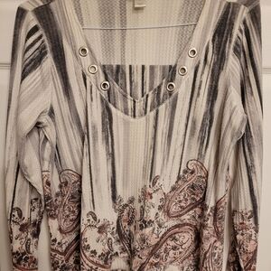 Christopher & Banks Gray and Cream Grommet Detail Top W/ Paisley Accent Sz. Lg